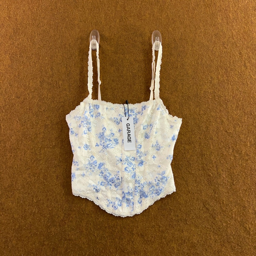 Garage Womens XS White Blue Floral Lace Haut Bustier Top NWT
